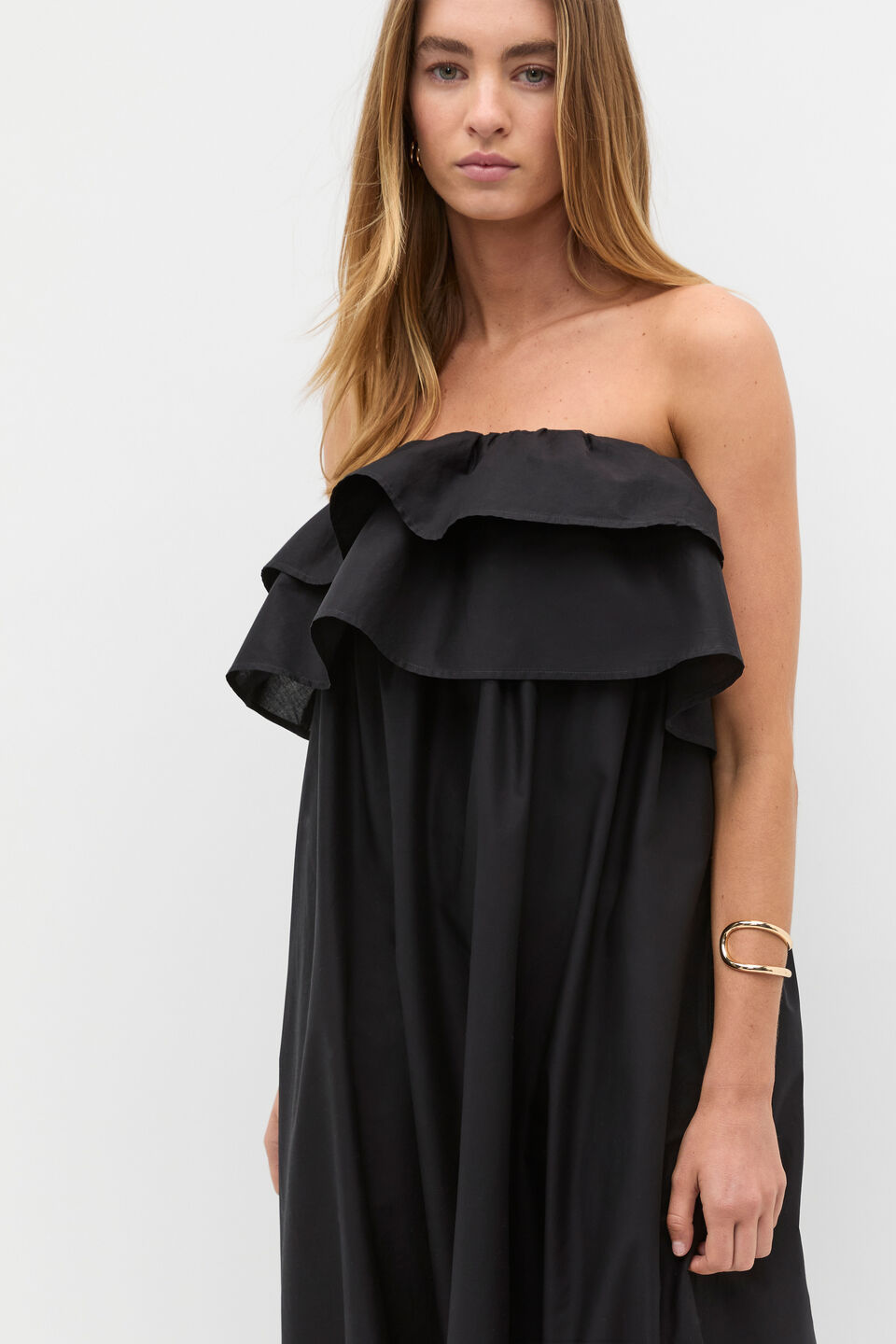 Voile Strapless Ruffle Maxi Dress  Black