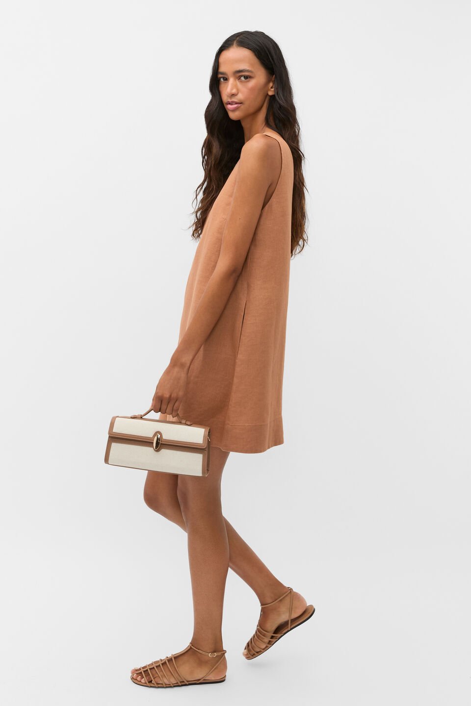 Linen V Neck Mini Dress  Copper