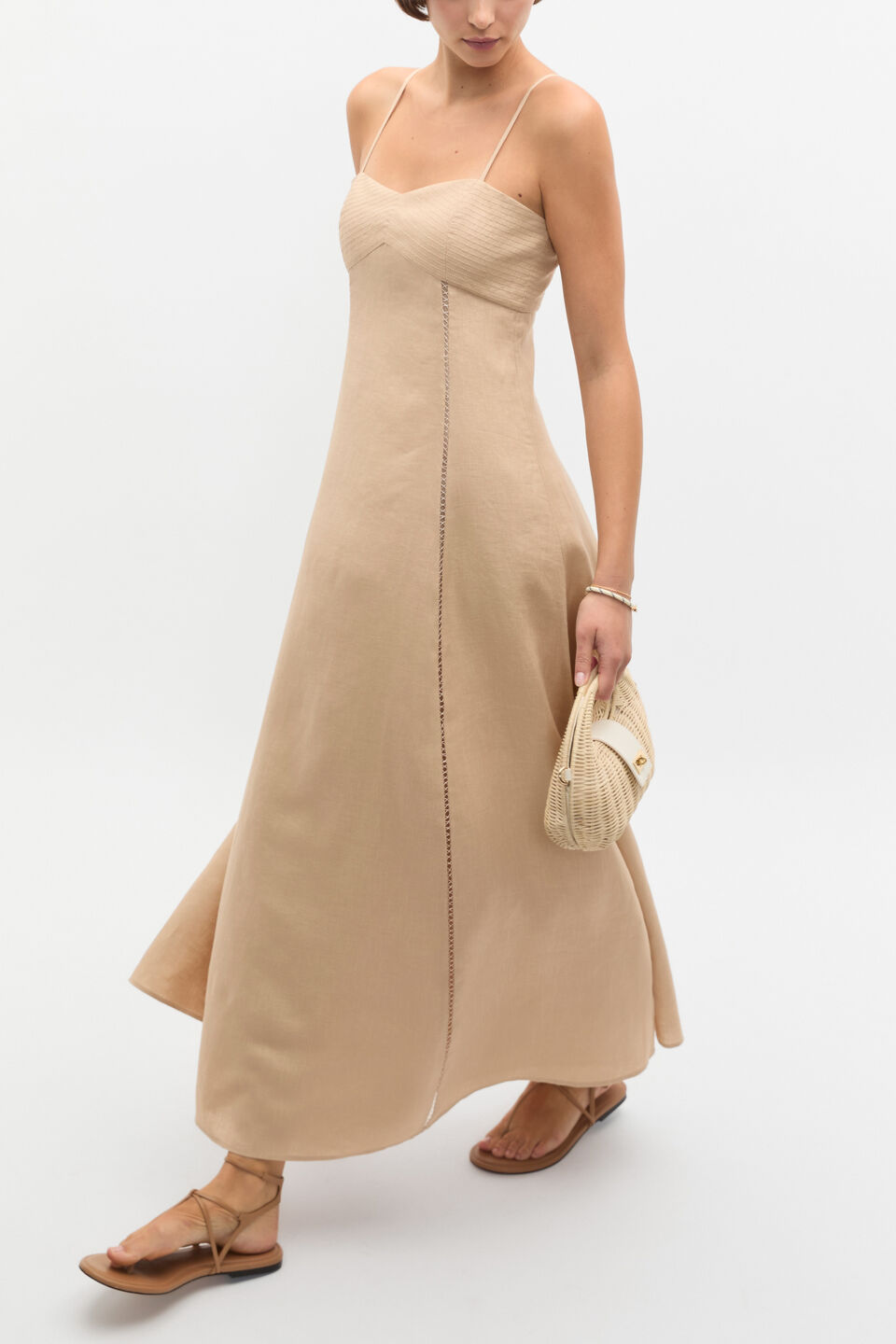 Linen Trim Insert Midi Dress  Ecru
