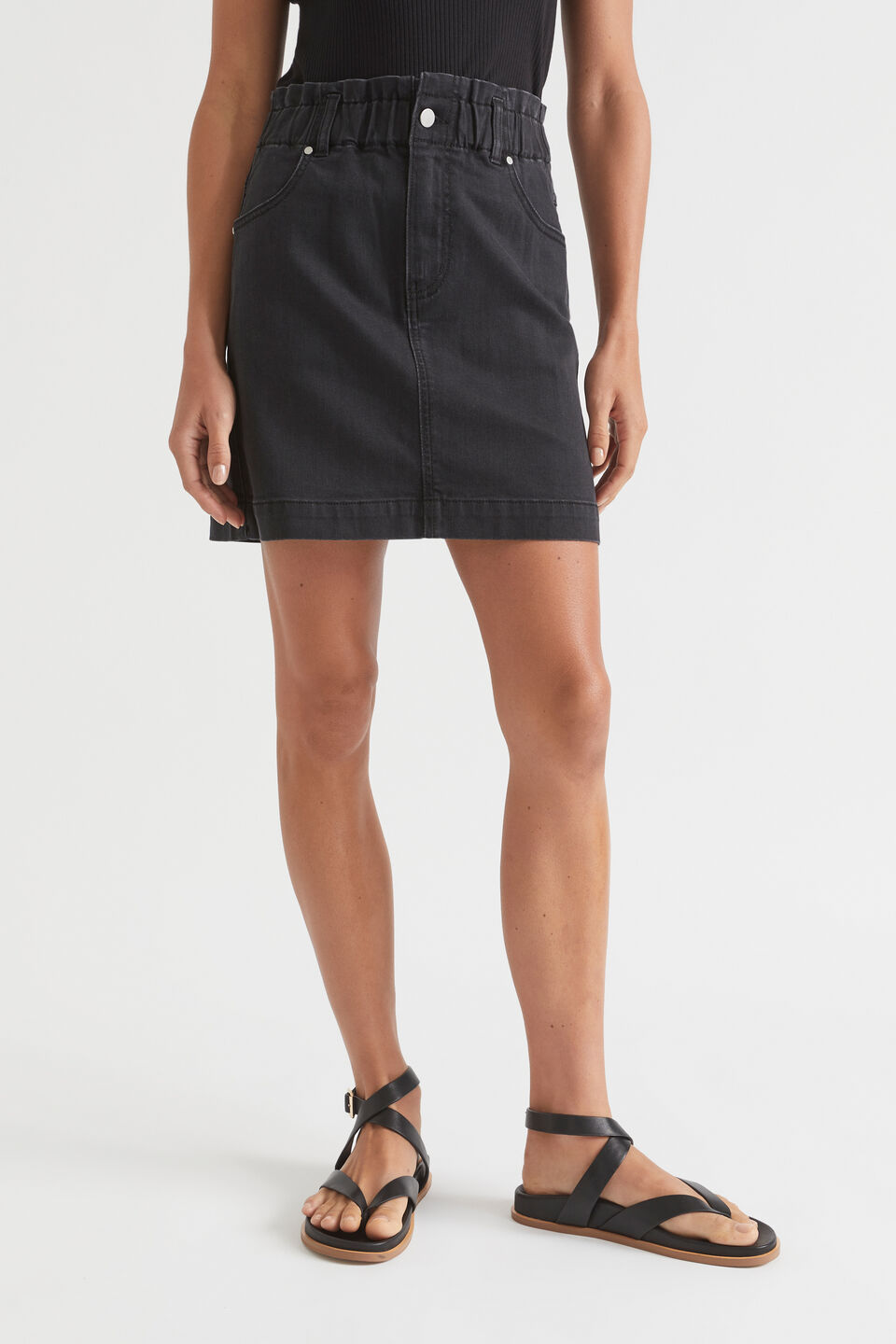 Core Denim Paperbag Mini Skirt  Washed Black