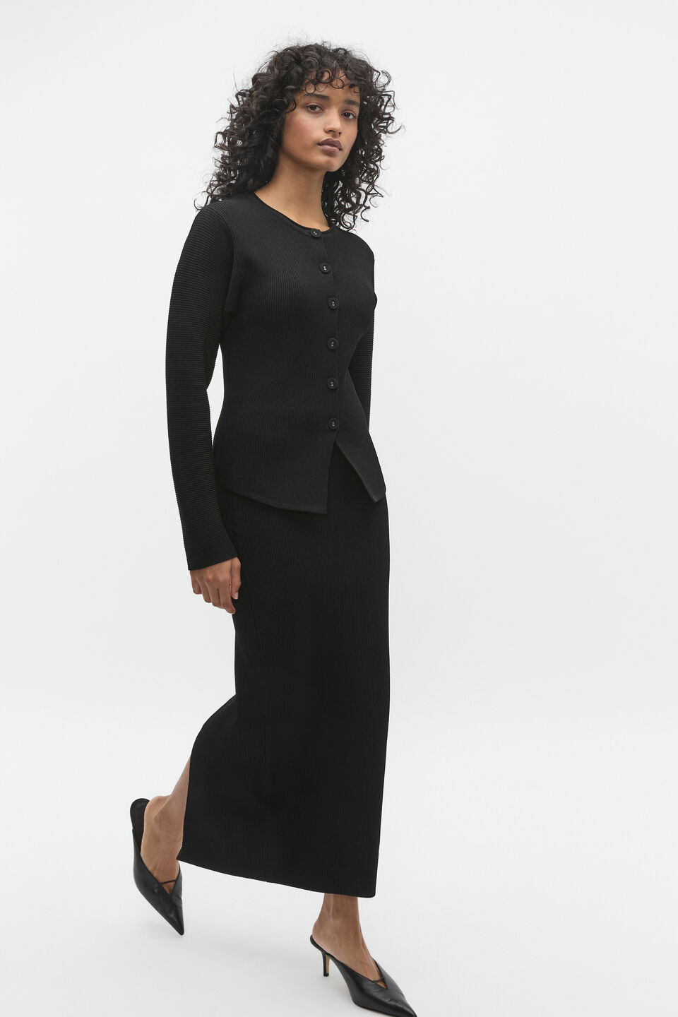 Crepe Ribbed Cardigan  Black
