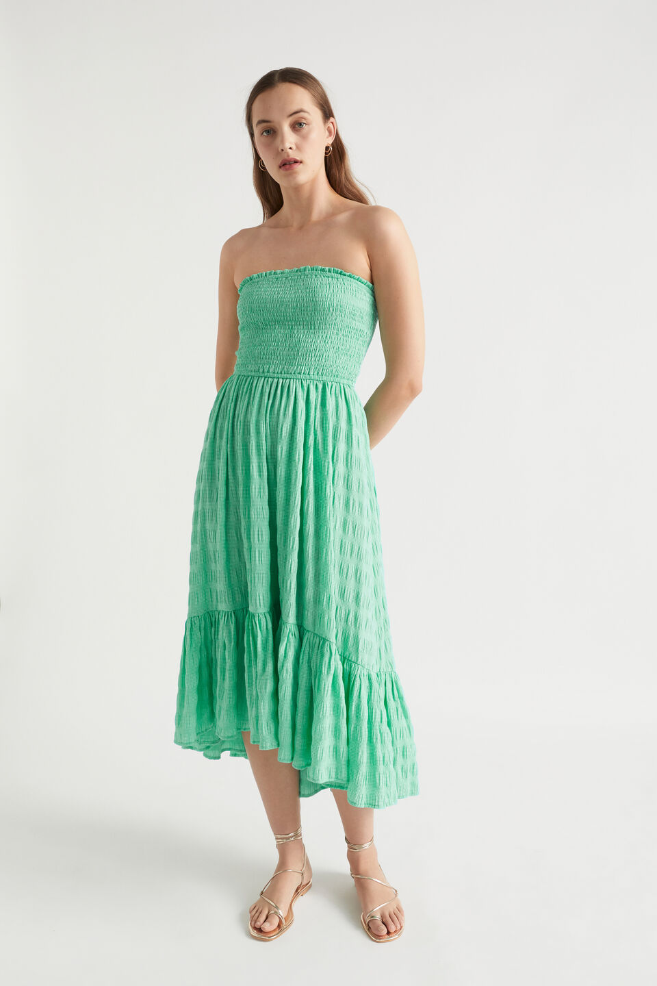 Textured Gingham Strapless Midi Dress  Jade Green Gingham