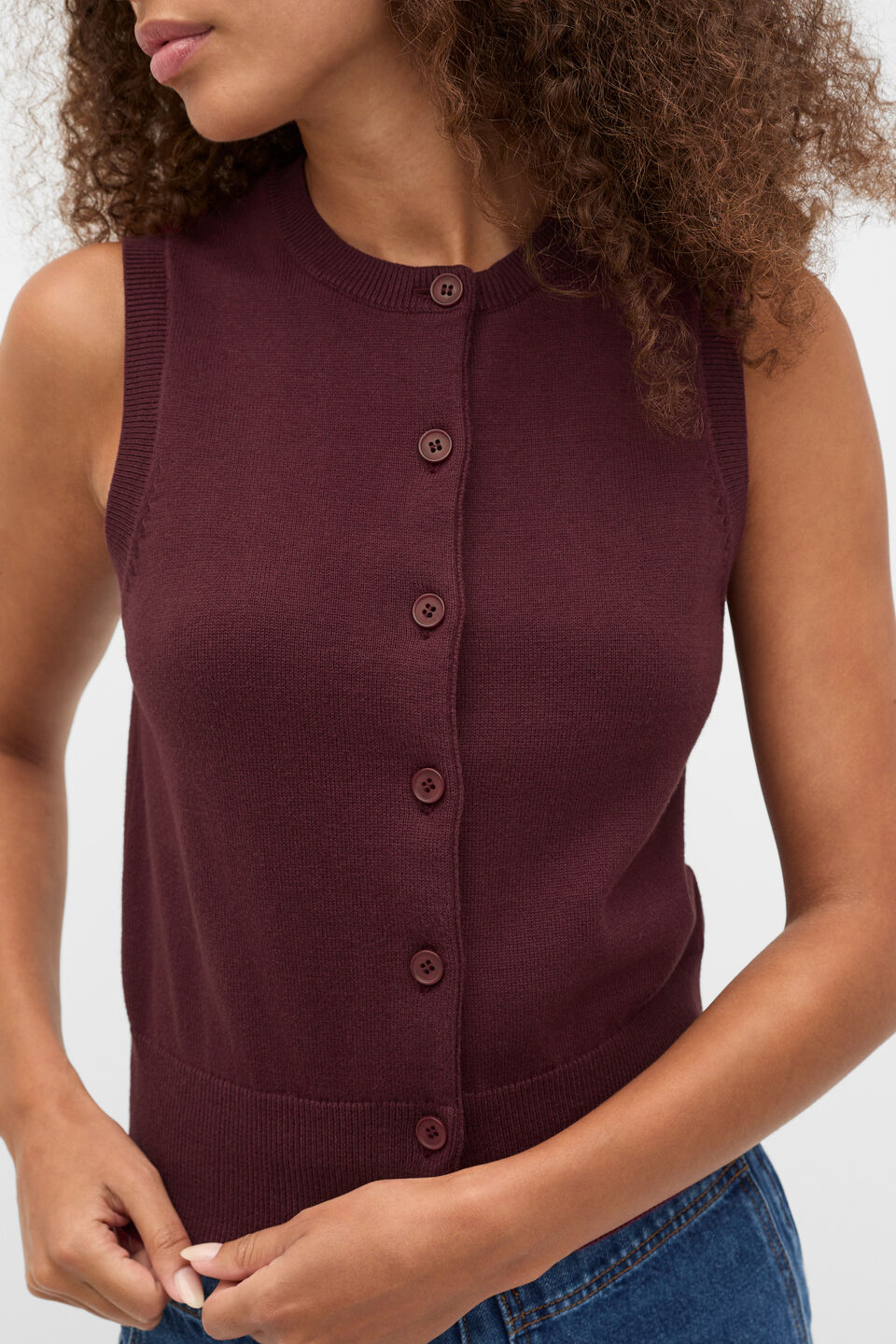 Cotton Blend Button Knit Vest  Plum Red