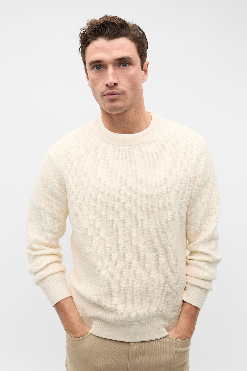 Slub Yarn Crew Neck Knit  Cream