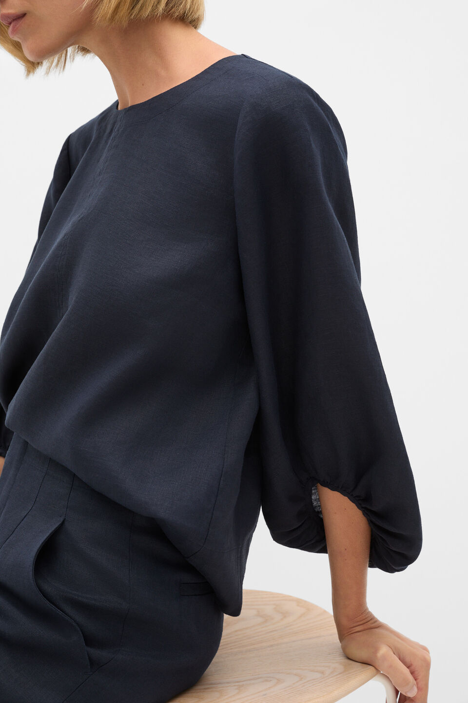 Core Linen Balloon Sleeve Top  Twilight Blue