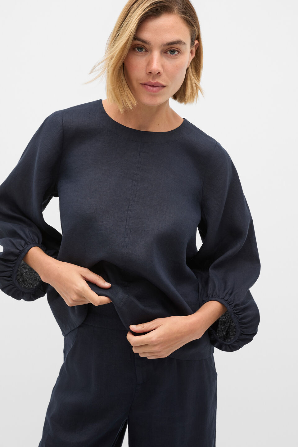 Core Linen Balloon Sleeve Top  Twilight Blue