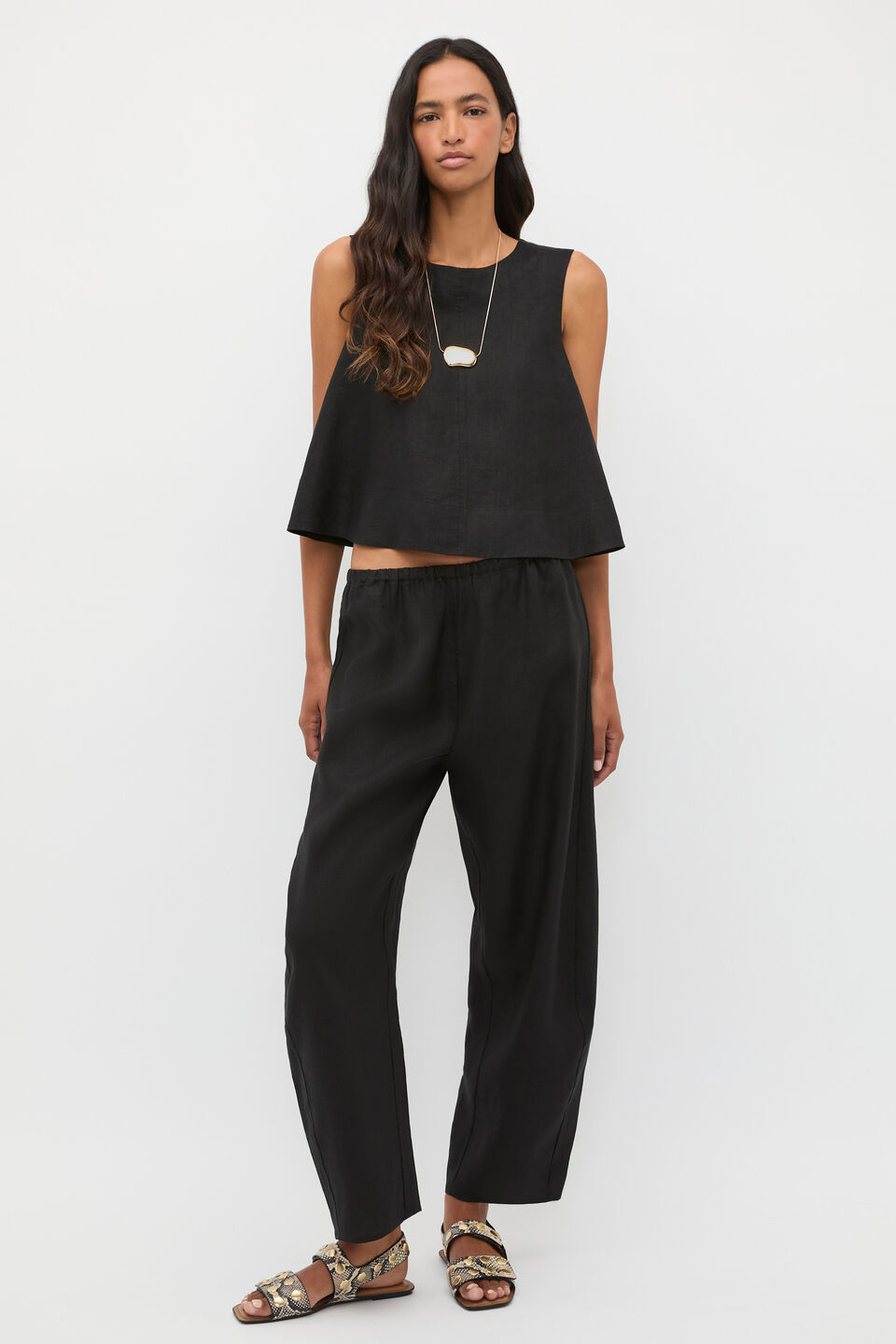 Linen Barrel Leg Elasticated Pant  Black
