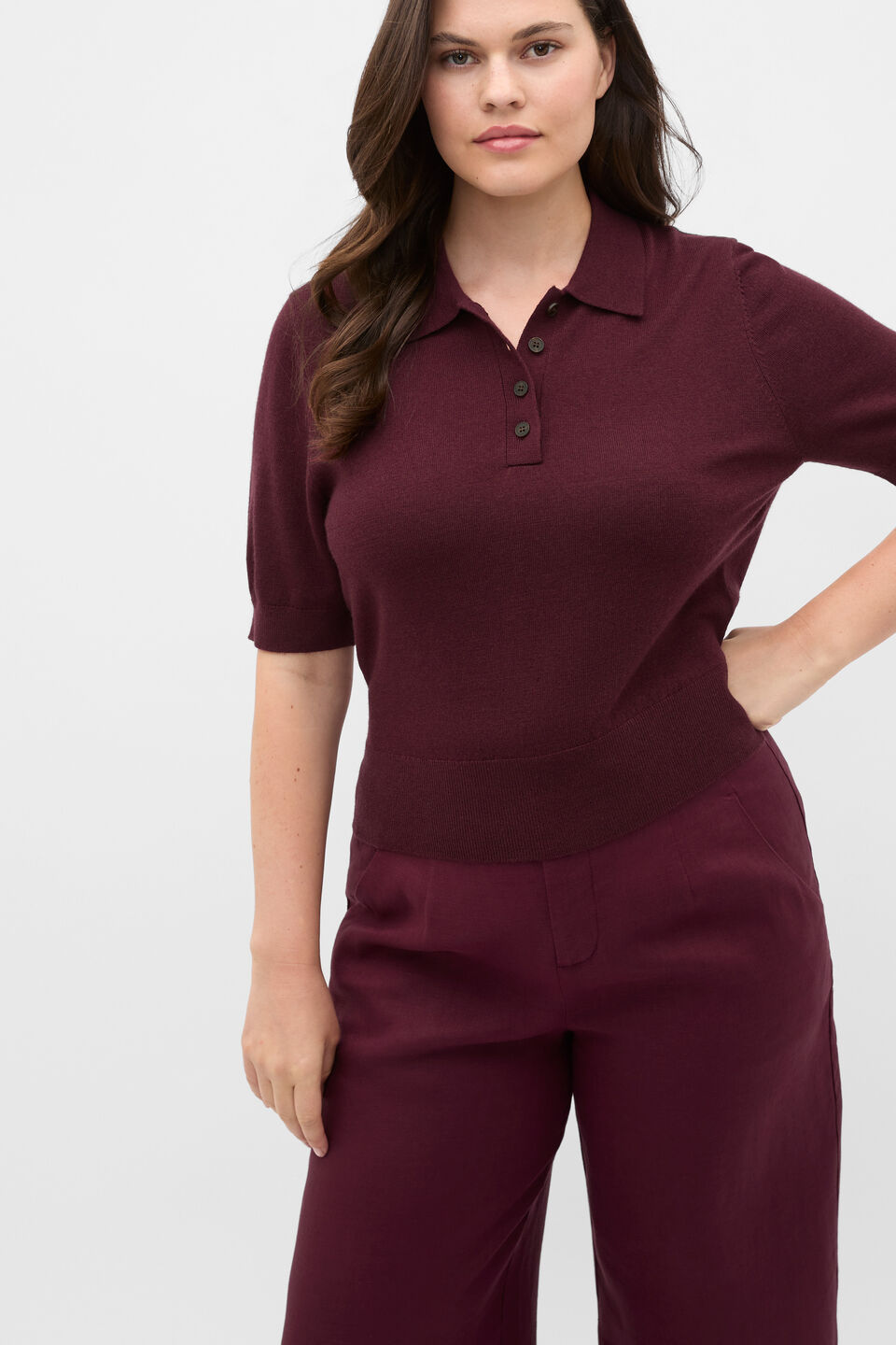 Australian Merino Knit Polo Top  Plum Red