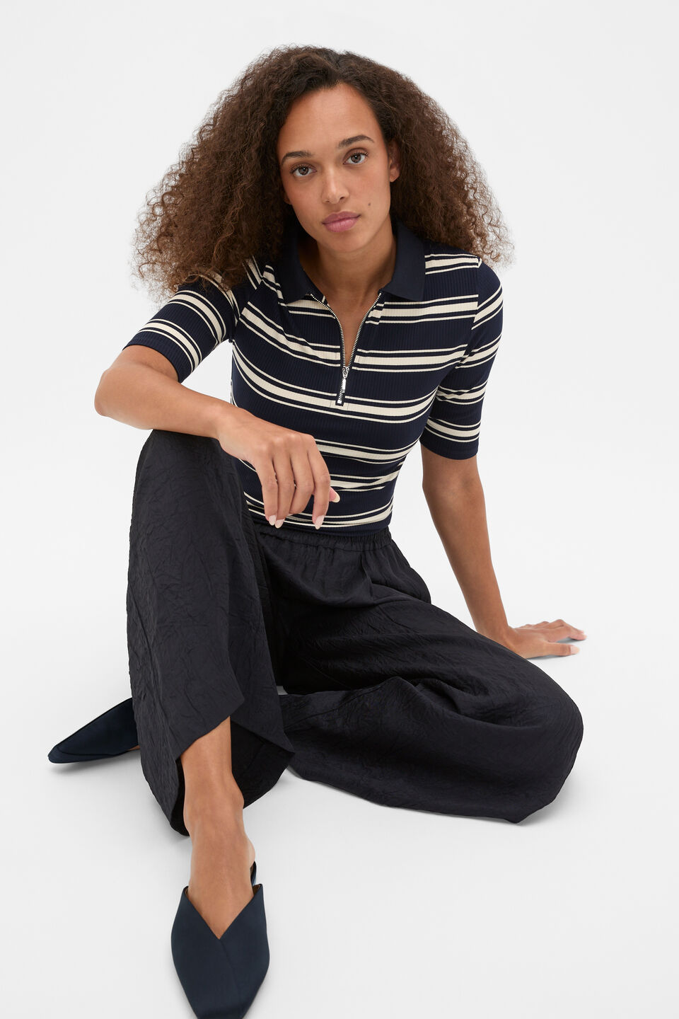 Variegated Rib Polo Top  Twilight Blue Stripe