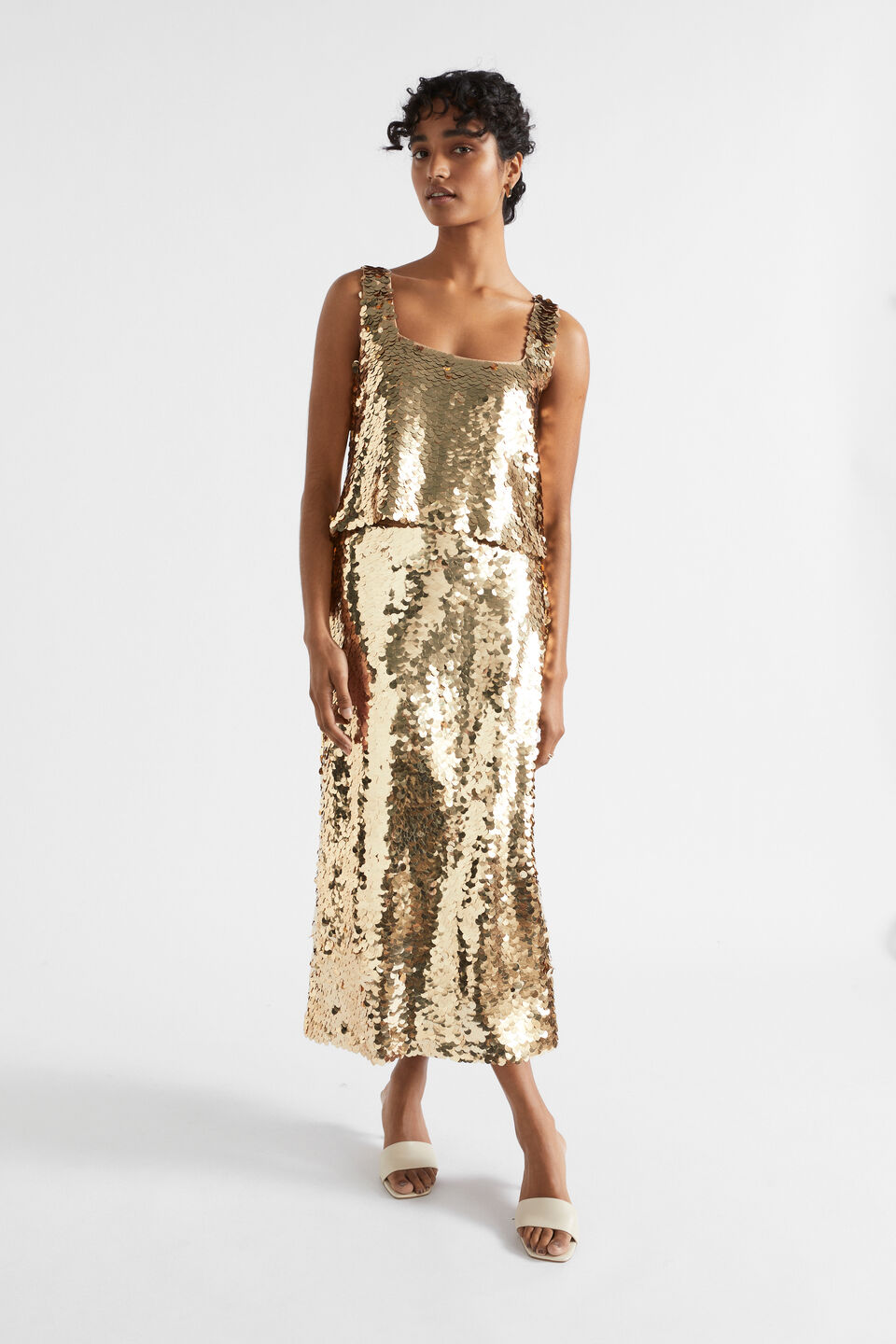 Sequin Midi Skirt  Soft Gold