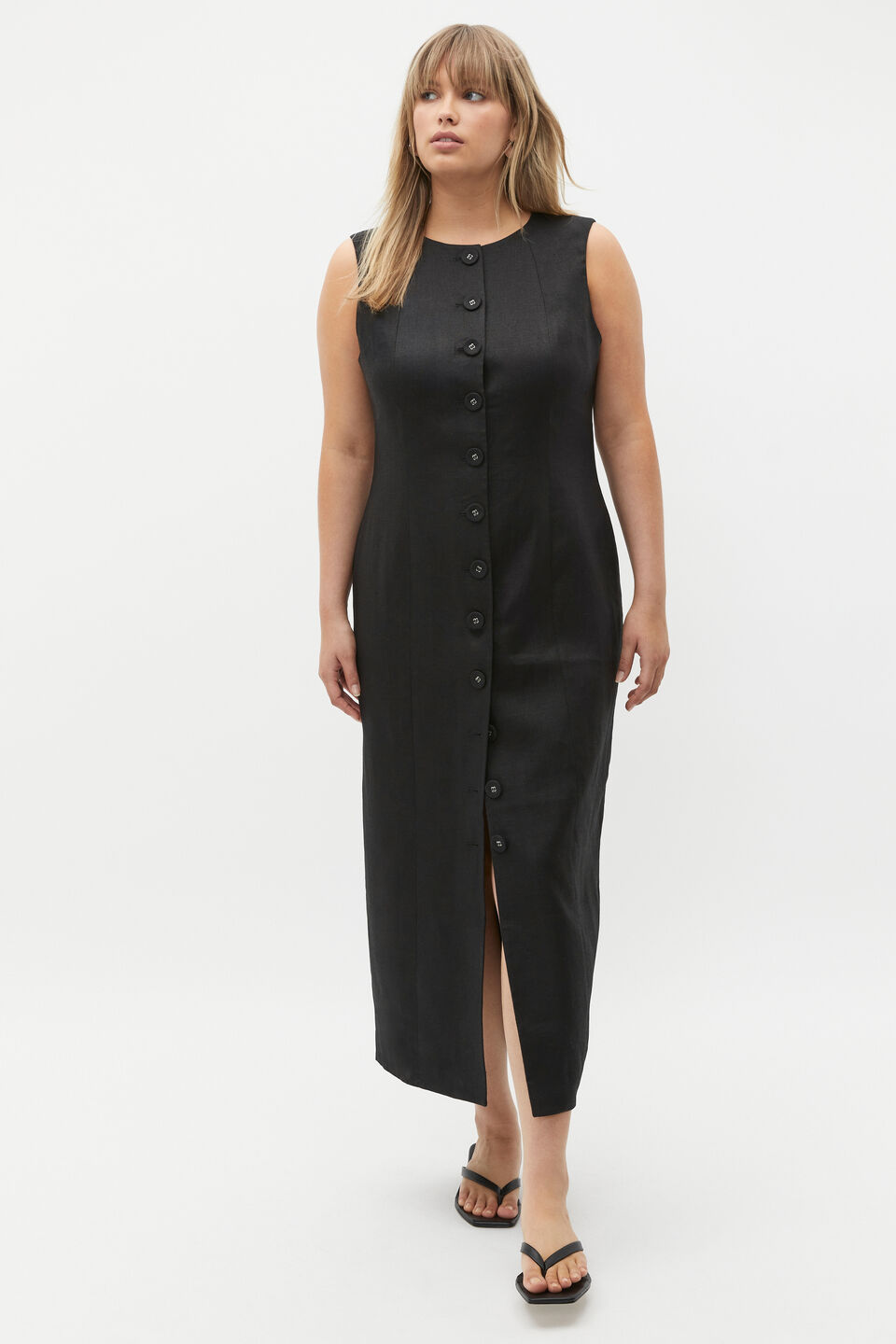 Linen Button Through Midi Dress  Black