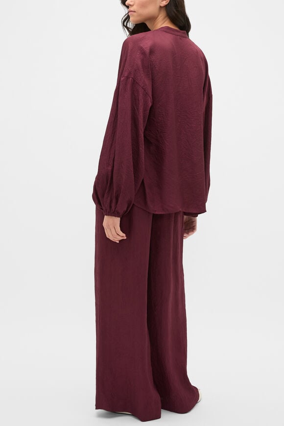 Textured Satin Half Placket Blouse  Plum Red  hi-res