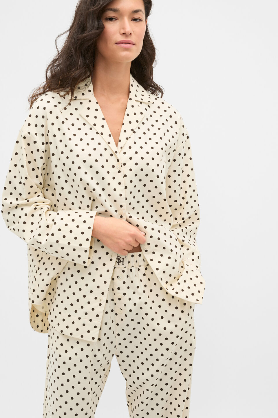 Spot Flannelette Shirt and Pant PJ Set  Coconut Cream Spot