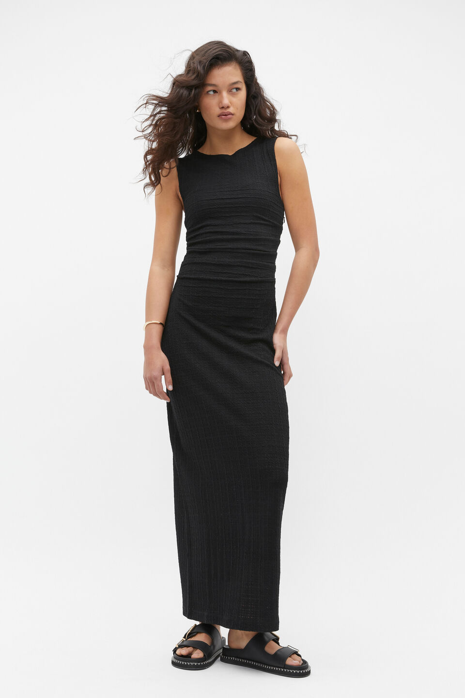 Textured Gathered Maxi Dress  Black
