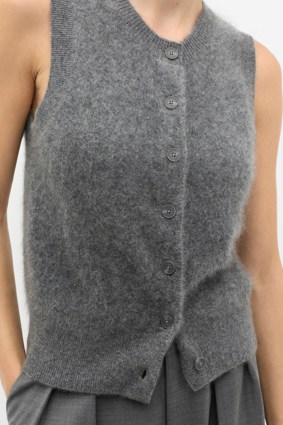 Brushed Cashmere Button Vest  Charcoal Grey Marle