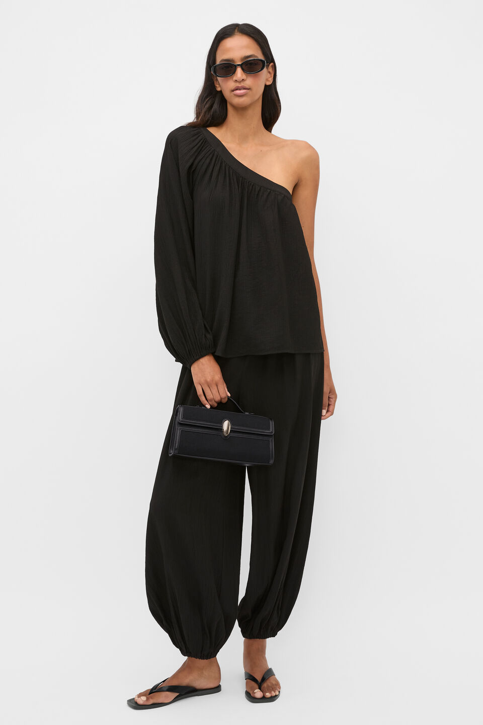 Plisse One Shoulder Top  Black