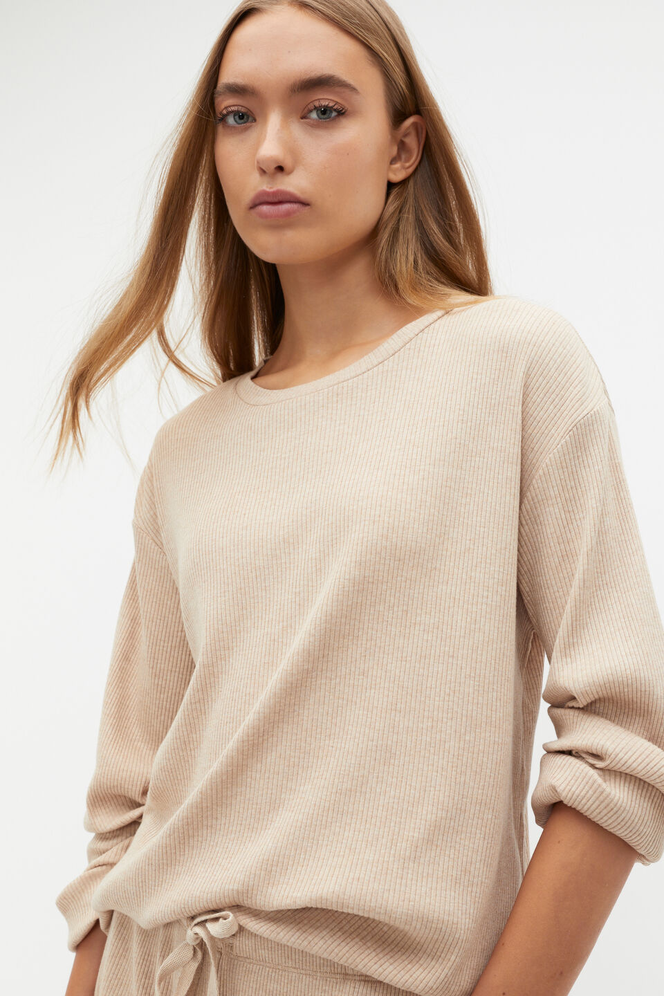 Ribbed Long Sleeve Top And Short PJ Set  Nougat Marle