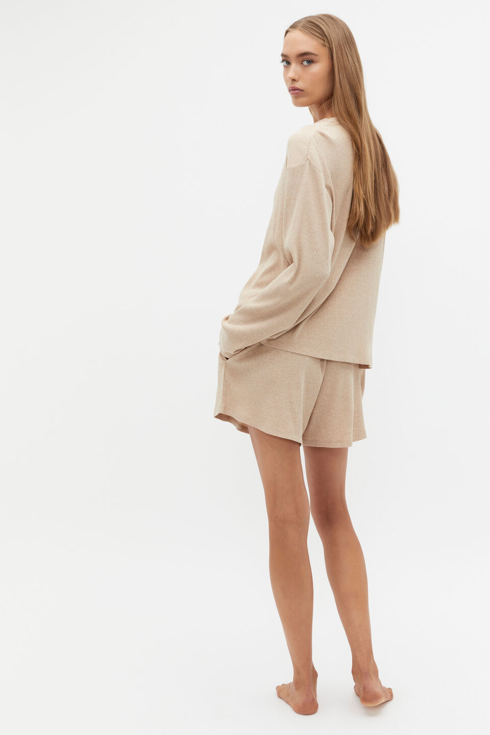 Ribbed Long Sleeve Top And Short PJ Set  Nougat Marle