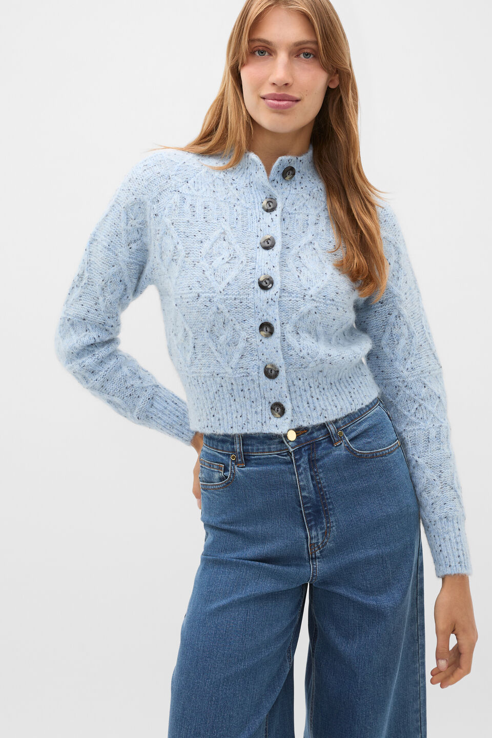 Diamond Cable Knit Cardigan  Soft Blue Marle