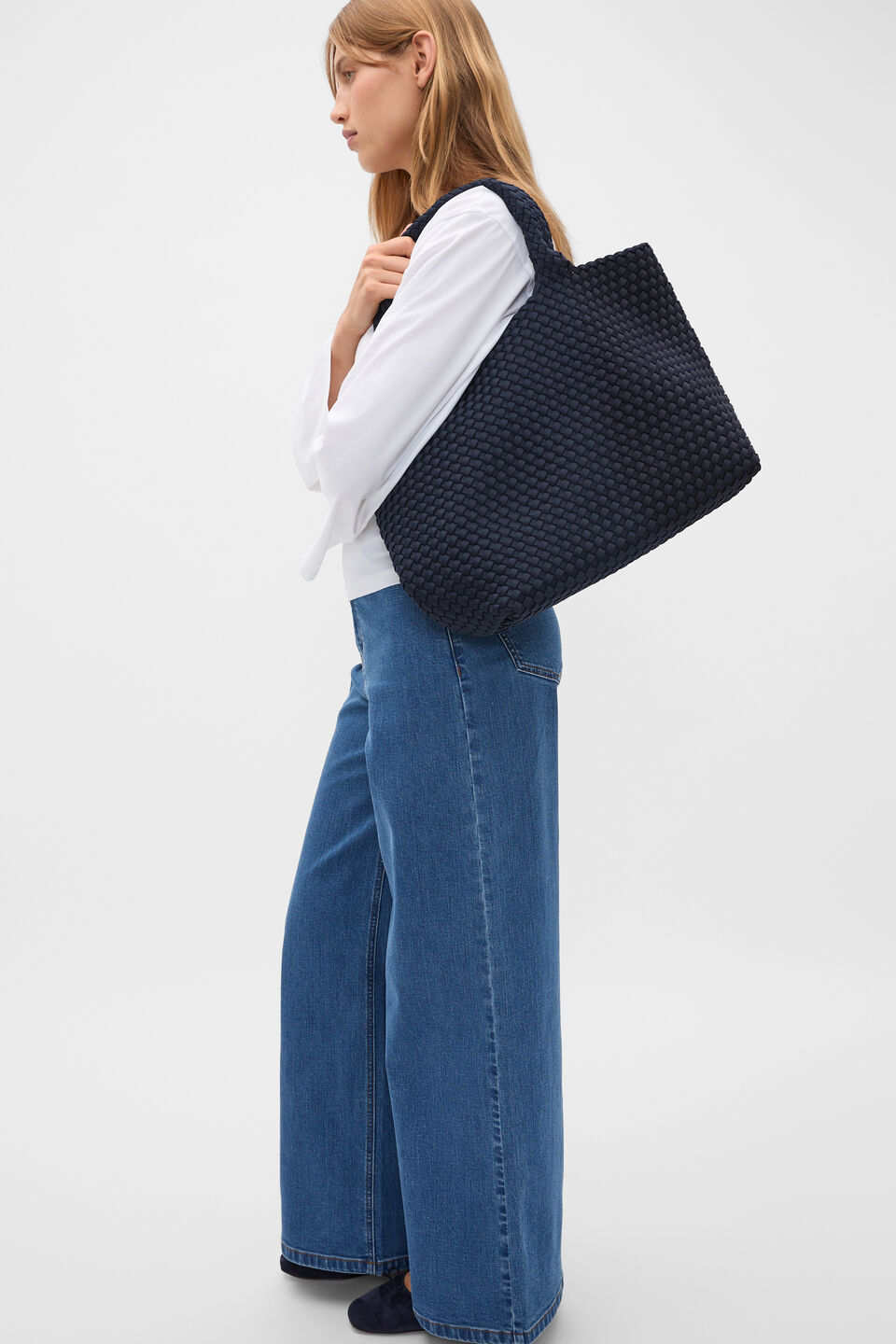 Woven Textured East West Tote  Twilight Blue