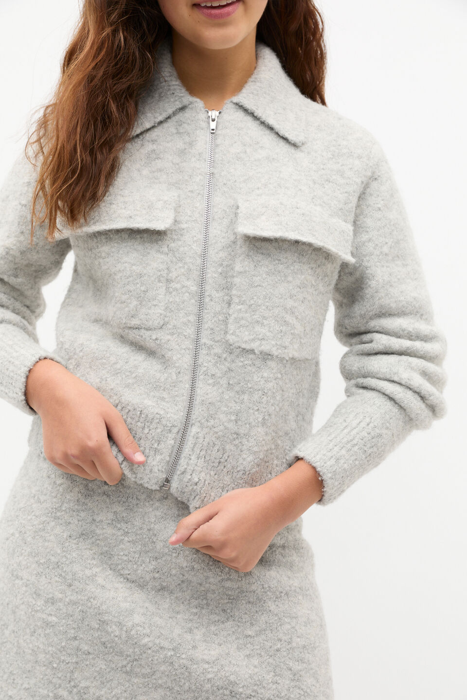 Boucle Zip Up Knit  Light Grey Marle
