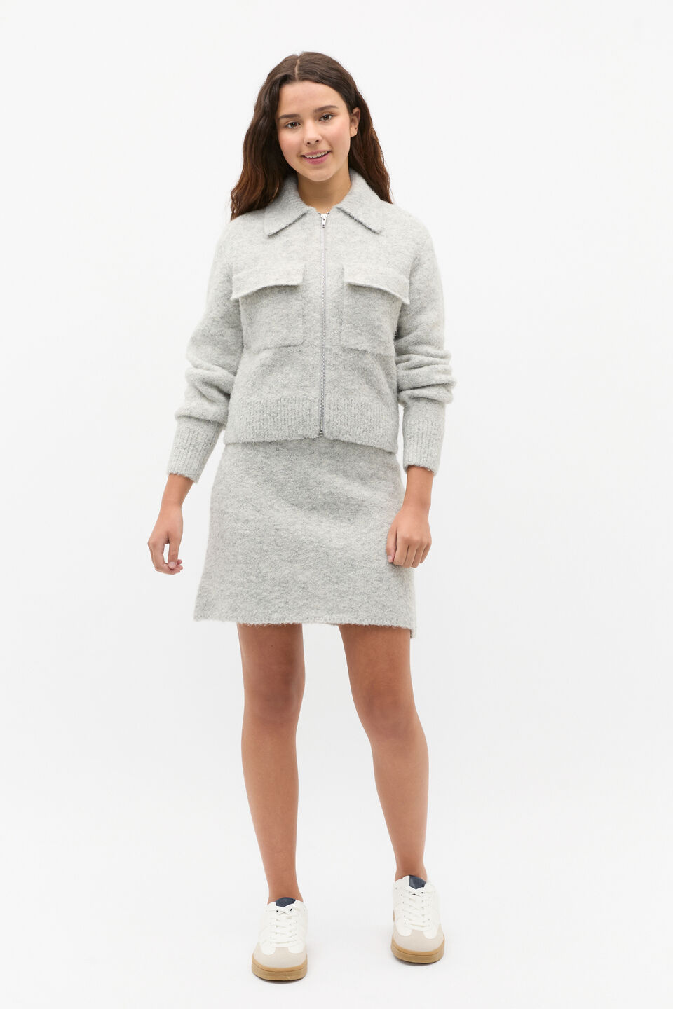 Boucle Zip Up Knit  Light Grey Marle