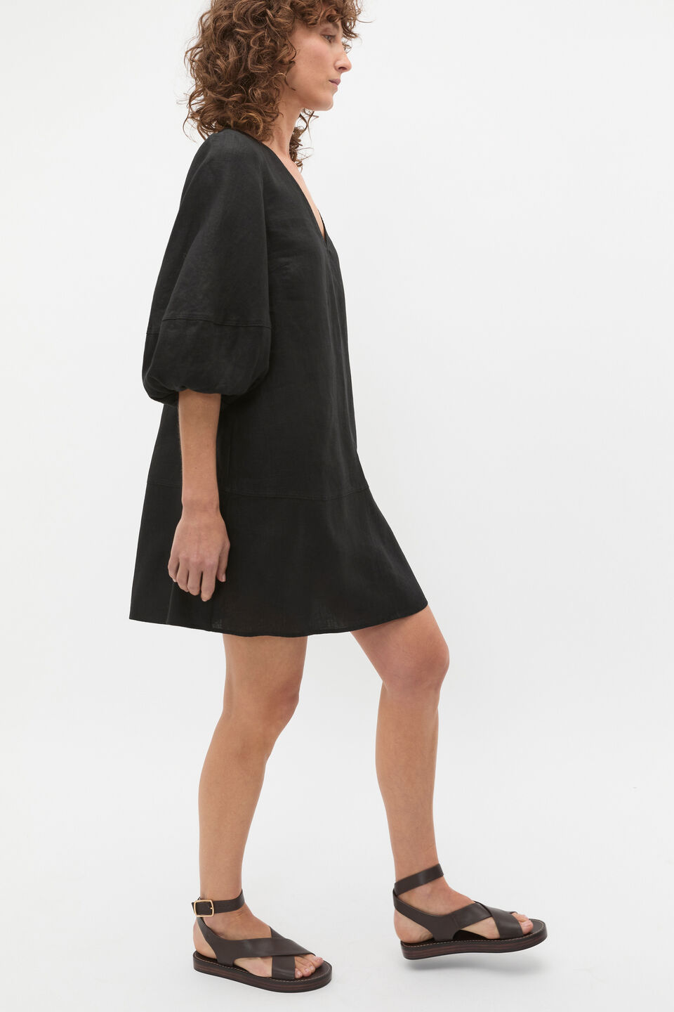 Linen V Neck Seam Detail Mini Dress  Black