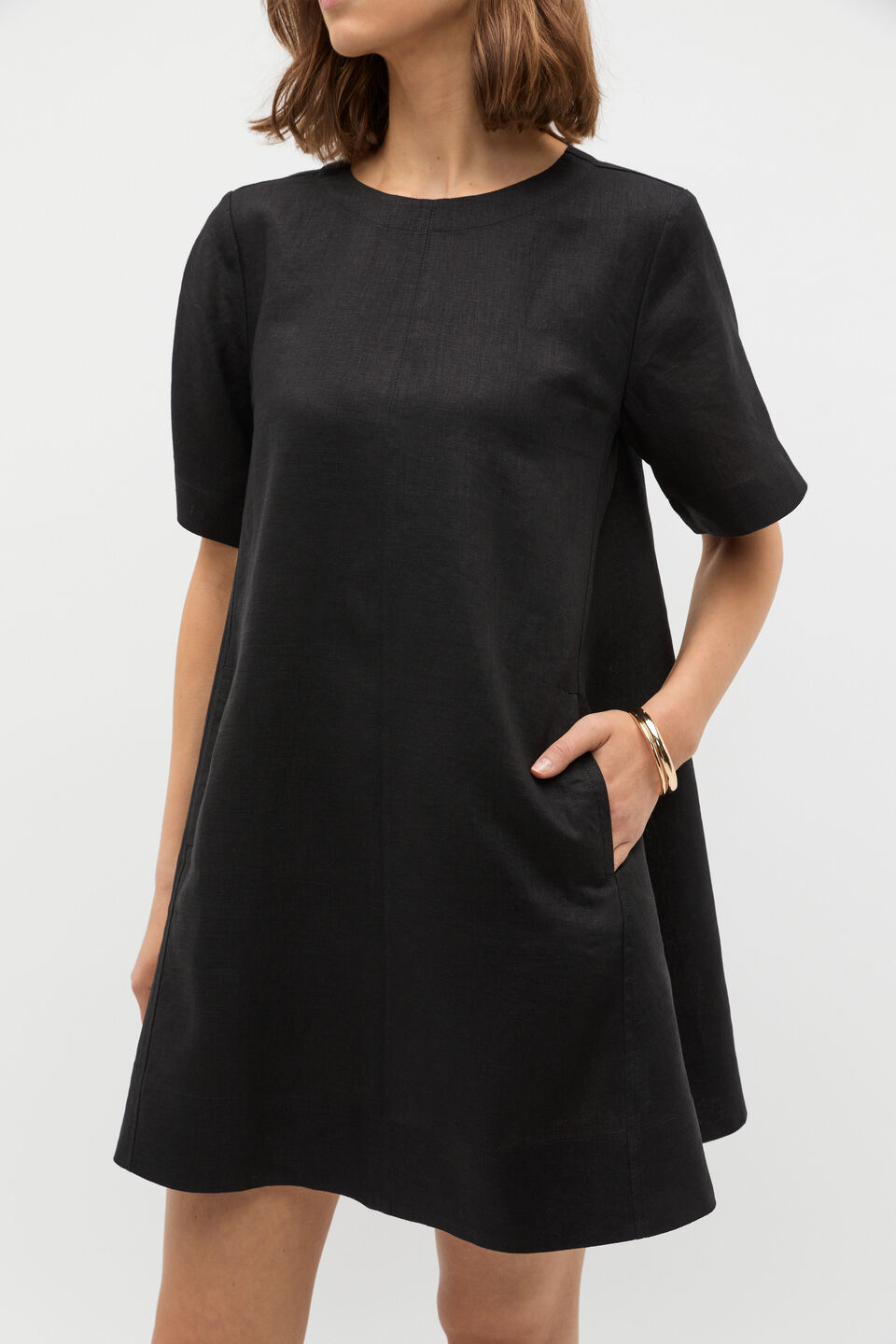 Linen Short Sleeve Mini Dress  Black