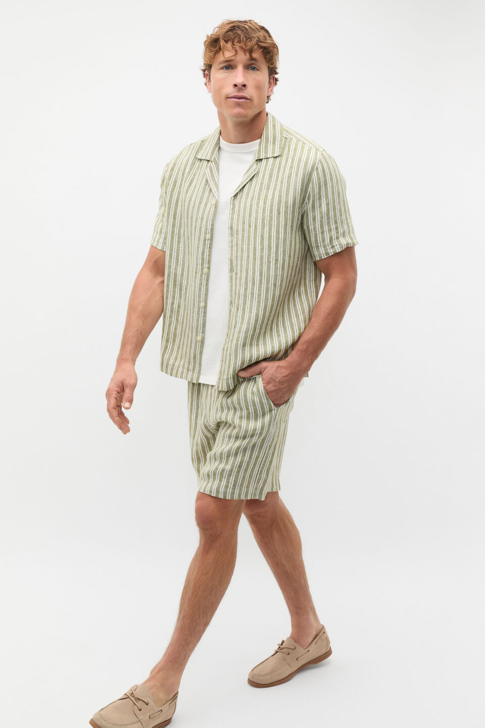 Linen Stripe Drawcord Short  Green Apple