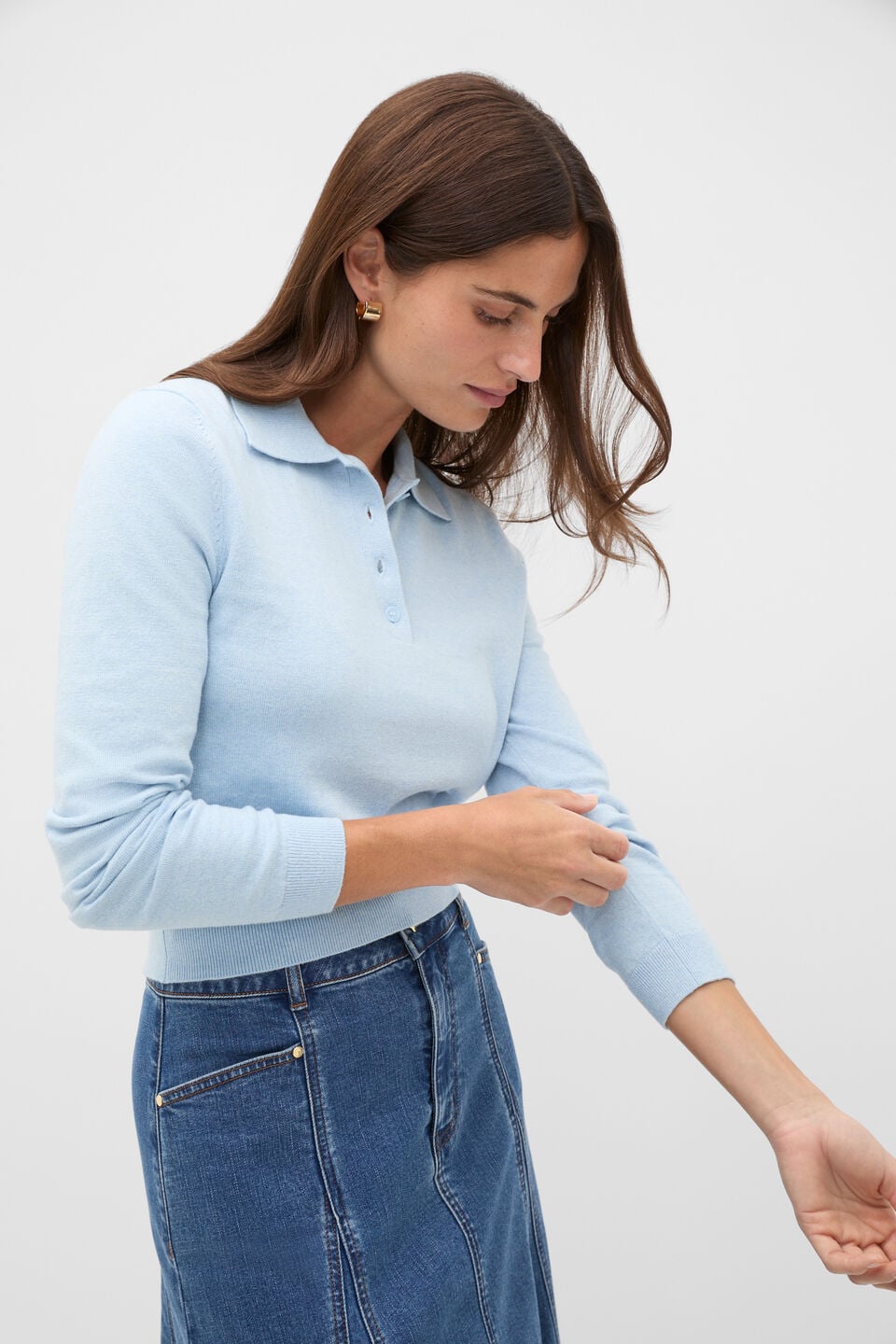 Cotton Blend Polo Knit  Soft Blue Marle