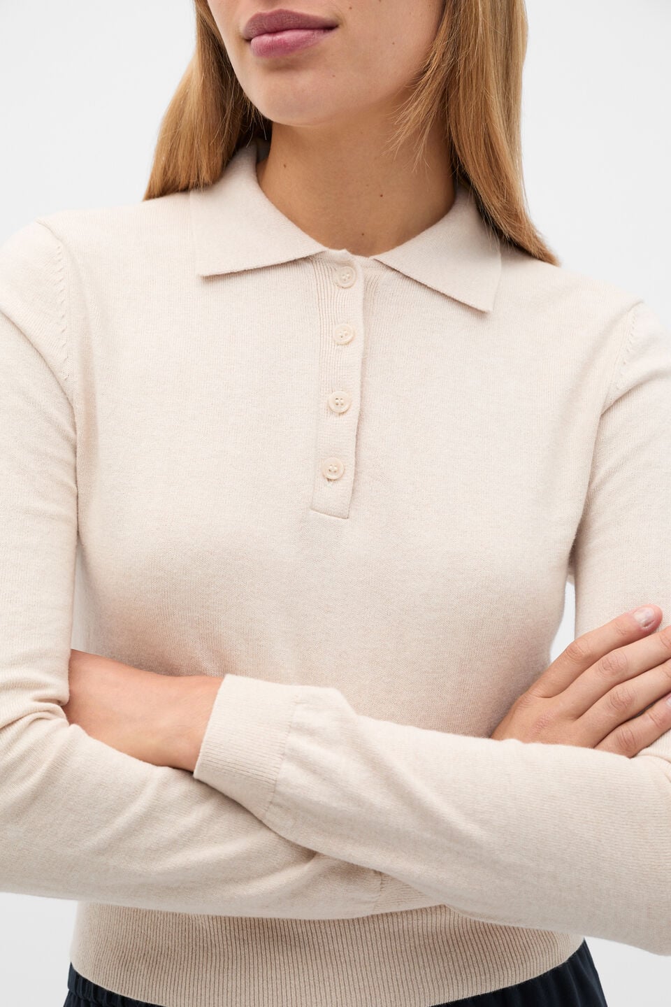 Cotton Blend Polo Knit  Vanilla Cream Marle