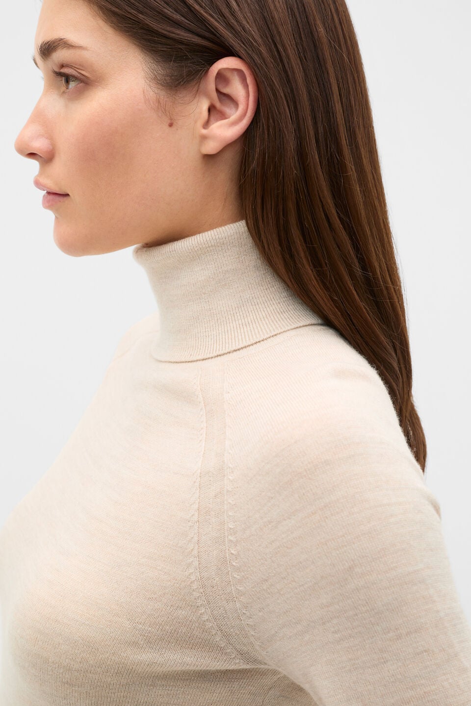 Merino Roll Neck Raglan Knit  Cashew Cream Marle