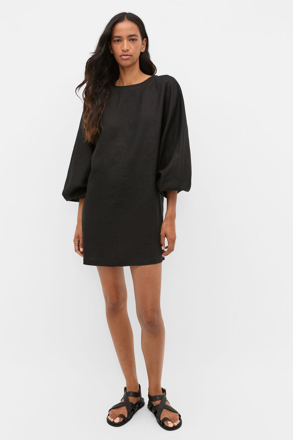 Linen Blouson Sleeve Dress  Black