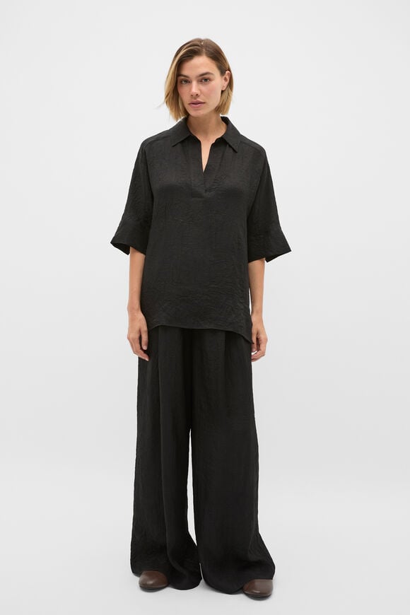 Textured Satin Collared Popover  Black  hi-res