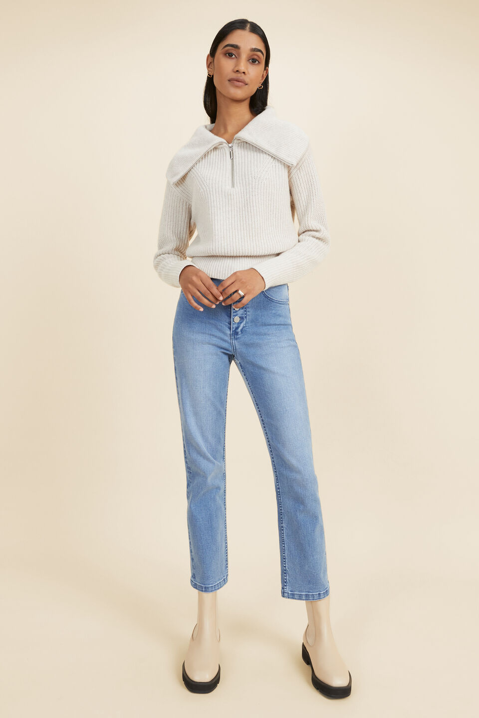 Button Fly Jean  Mid Vintage Wash