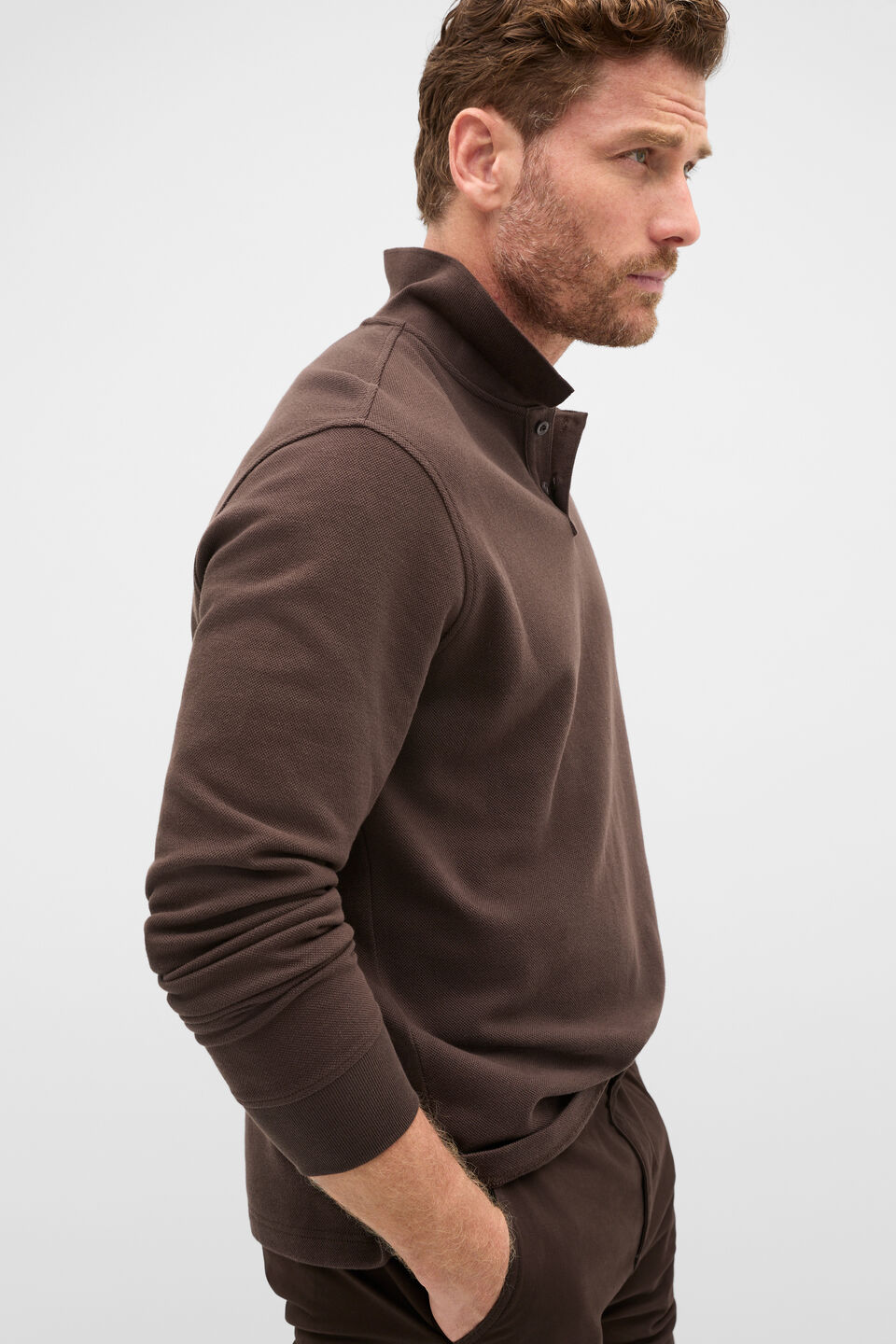 Long Sleeve Pique Polo  Dark Chocolate