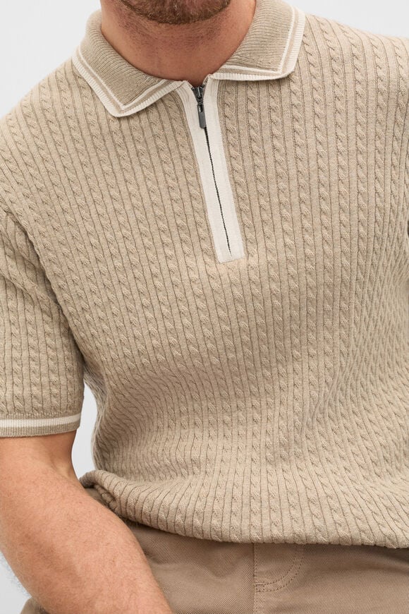 Zipped Cable Knit Polo  Dark Stone  hi-res