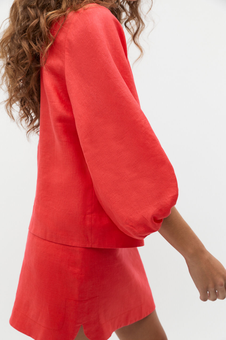 Core Linen Balloon Sleeve Top  Electric Crimson