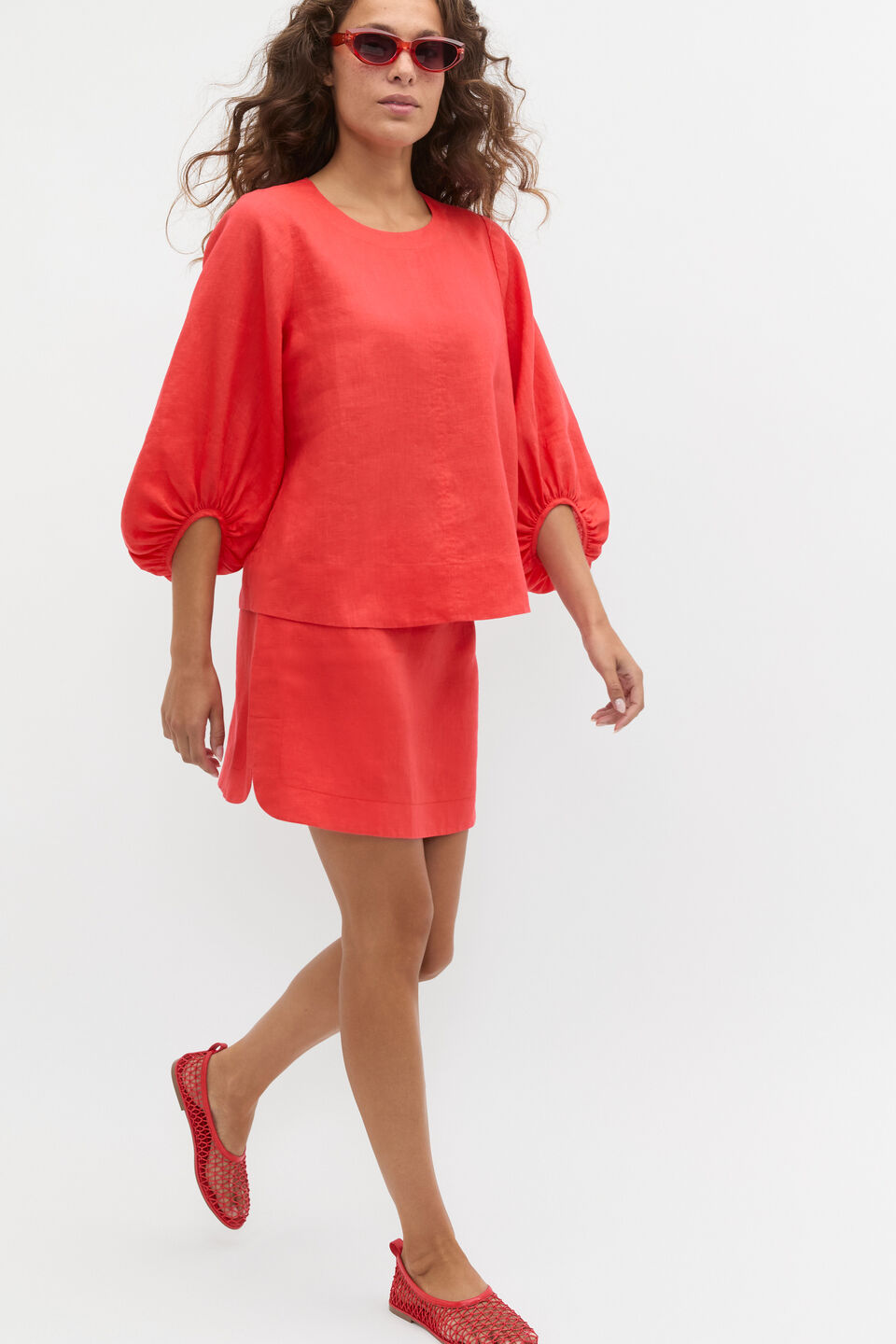 Core Linen Balloon Sleeve Top  Electric Crimson