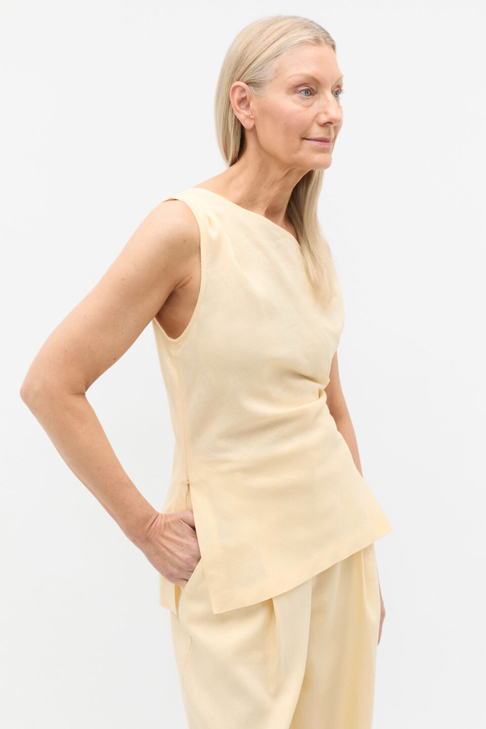 Linen Draped Shoulder Top  Shortbread