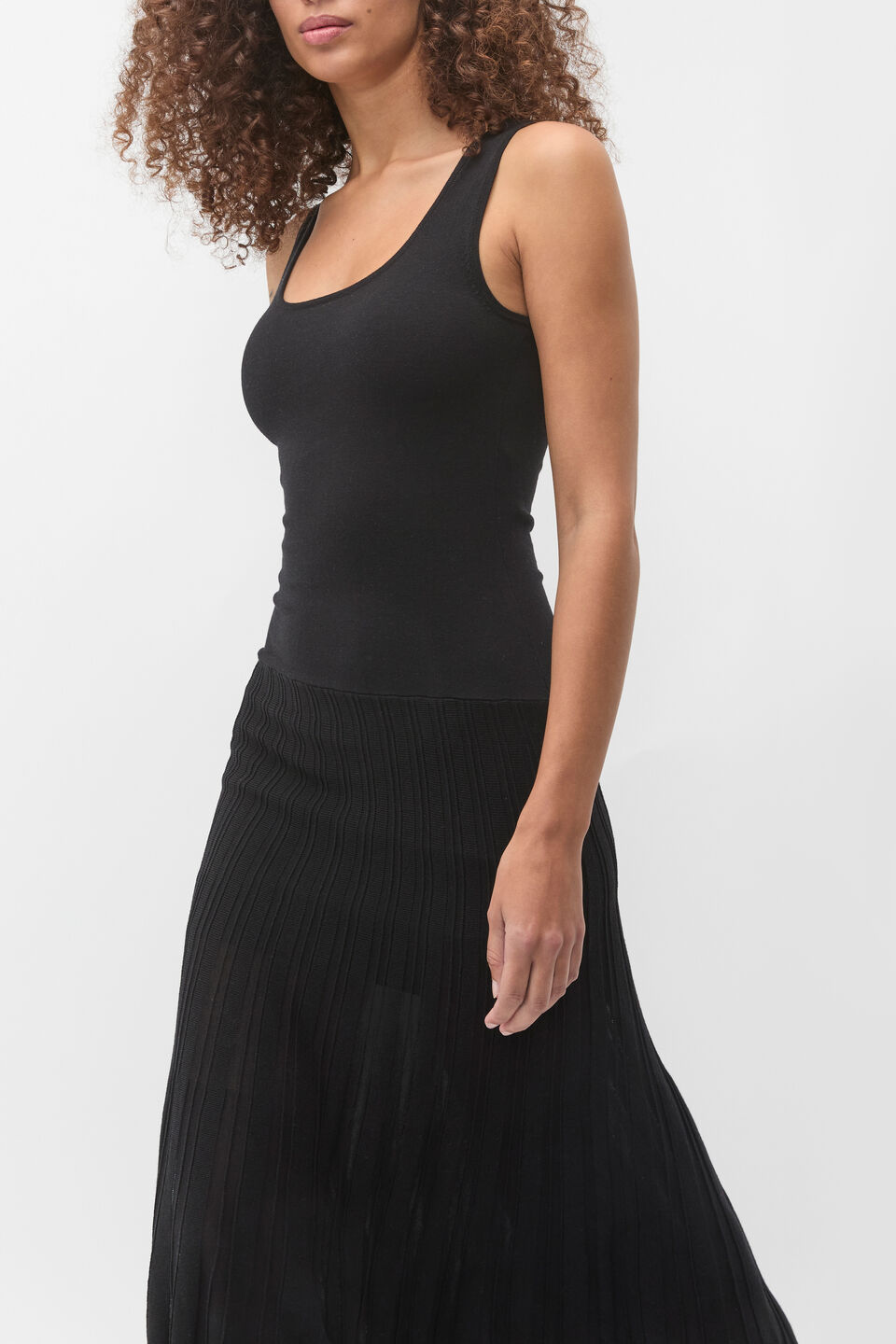 Fine Rib Knit Panel Maxi Dress  Black