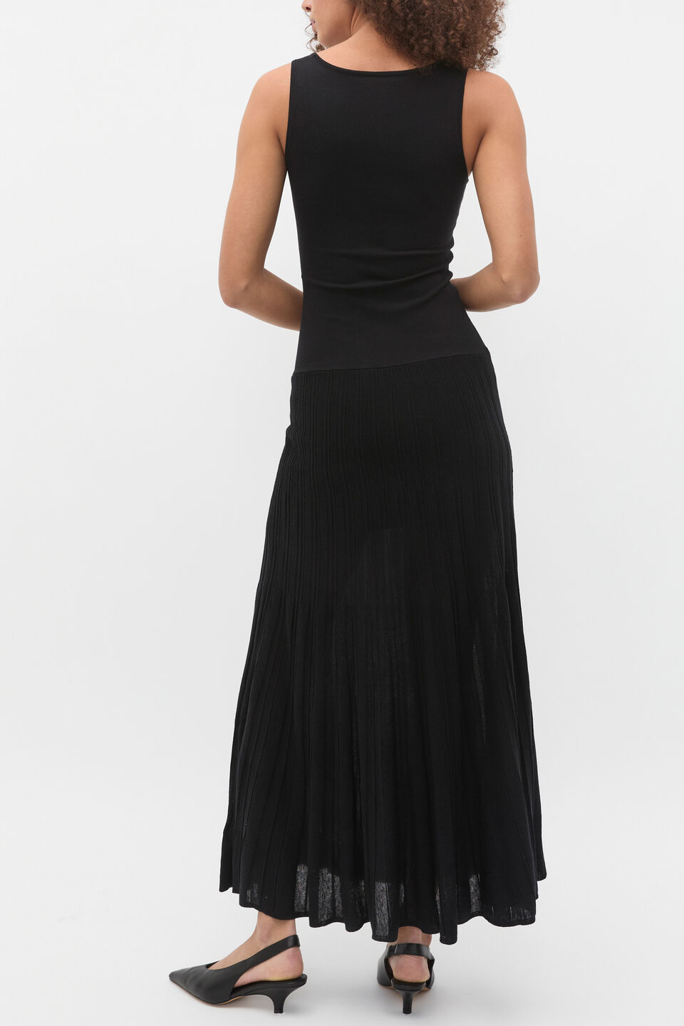 Fine Rib Knit Panel Maxi Dress  Black