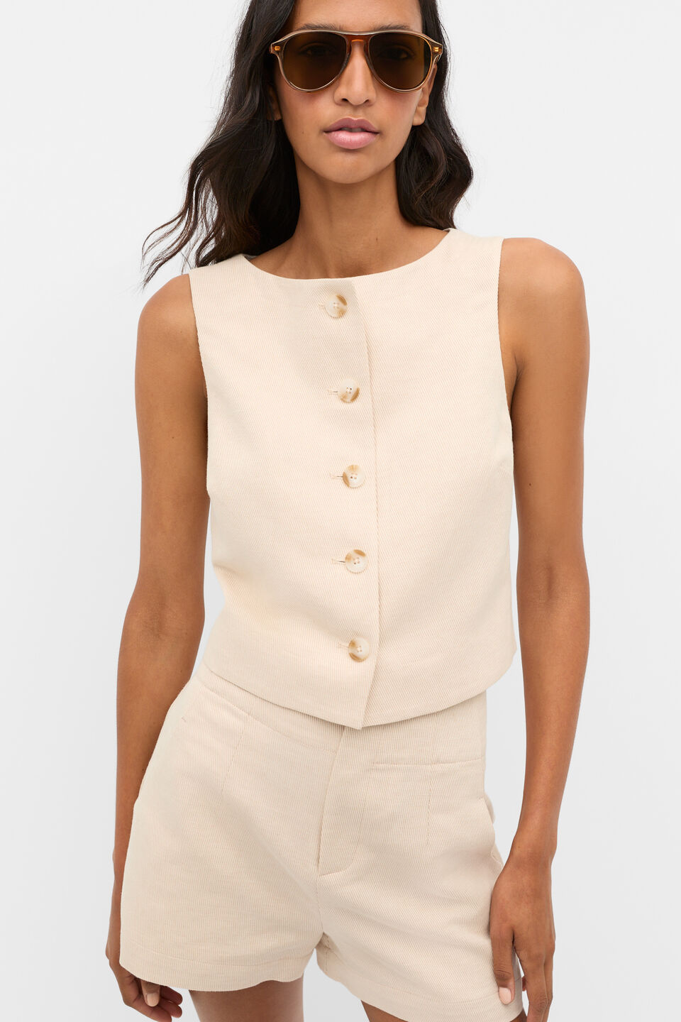 Twill Button Vest  Ecru