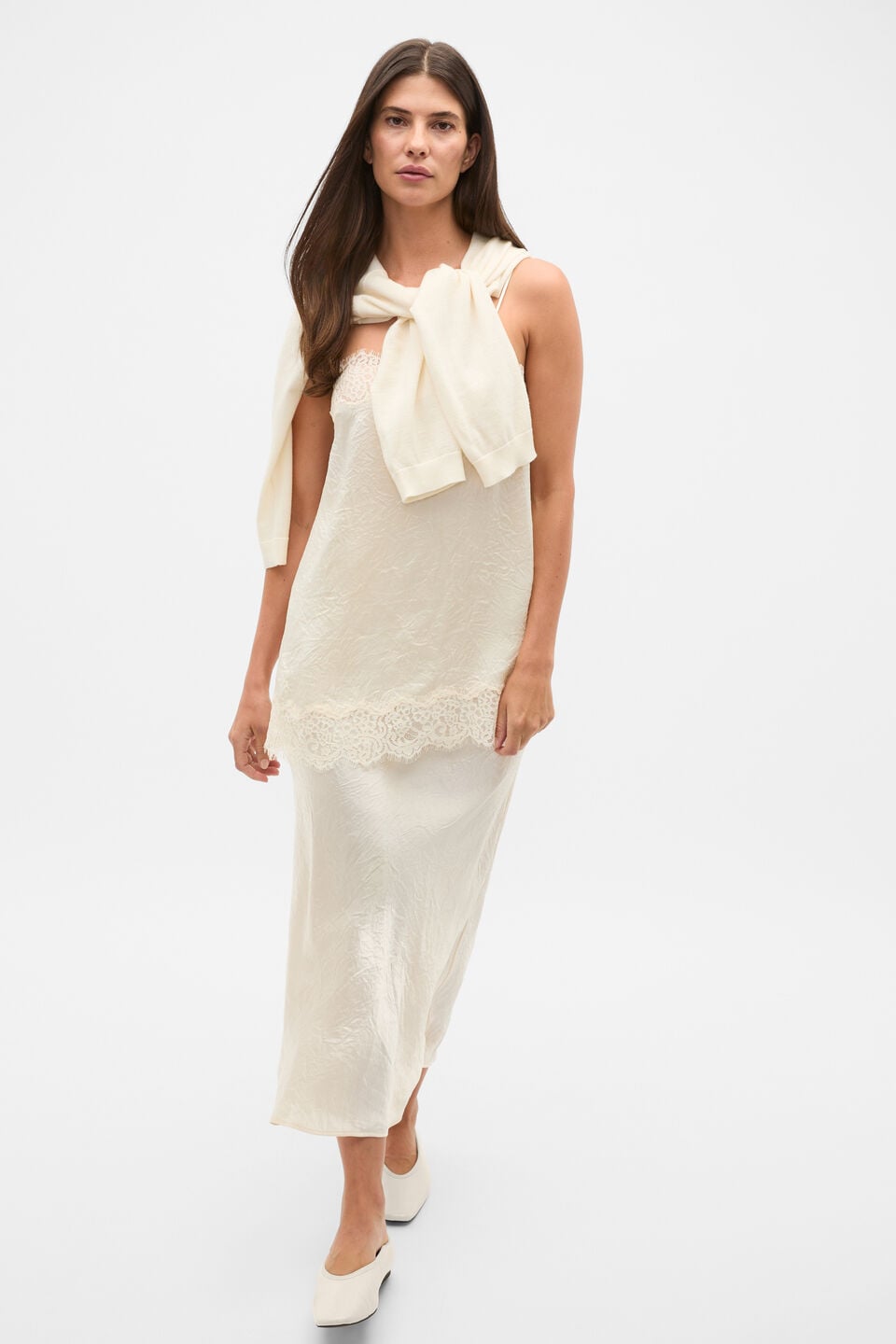 Crinkled Satin Slip Skirt  Coconut Cream