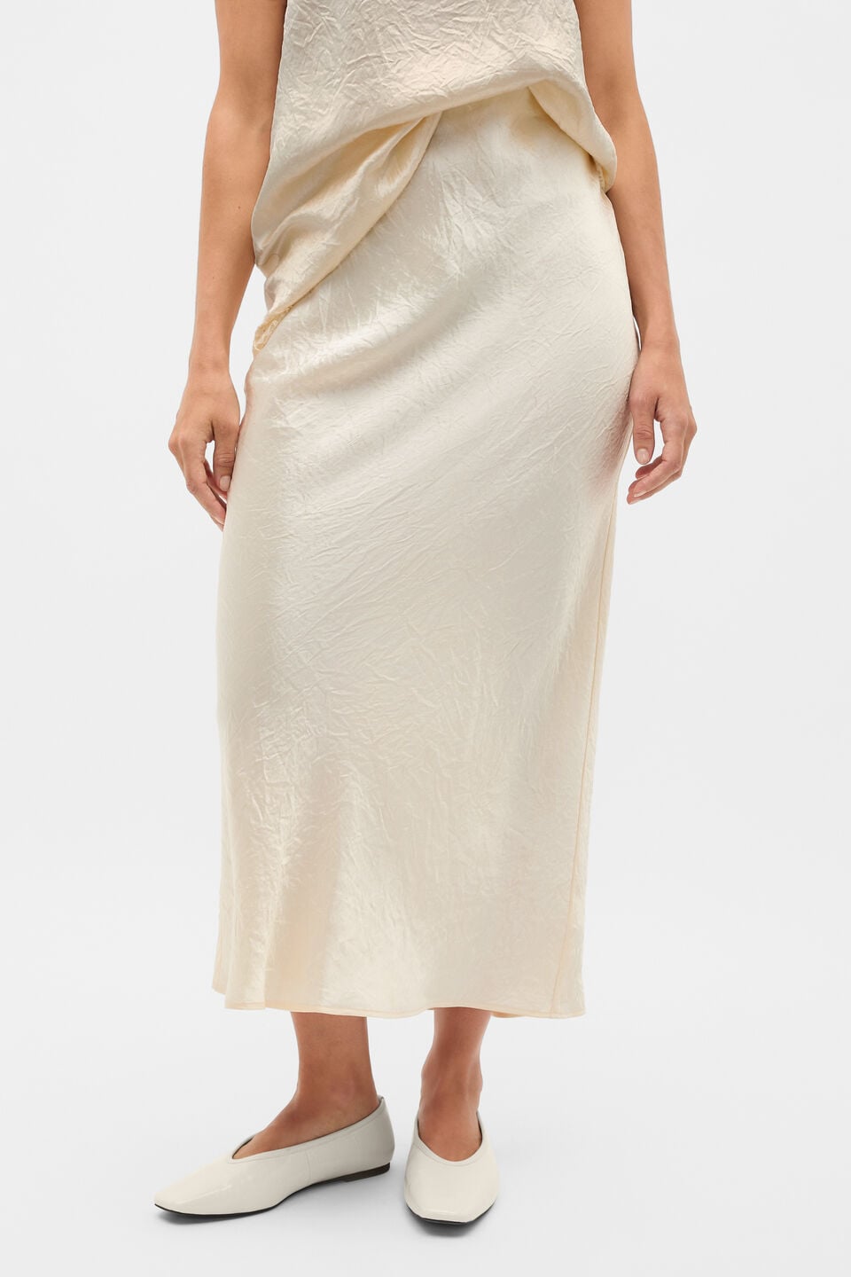 Crinkled Satin Slip Skirt  Coconut Cream