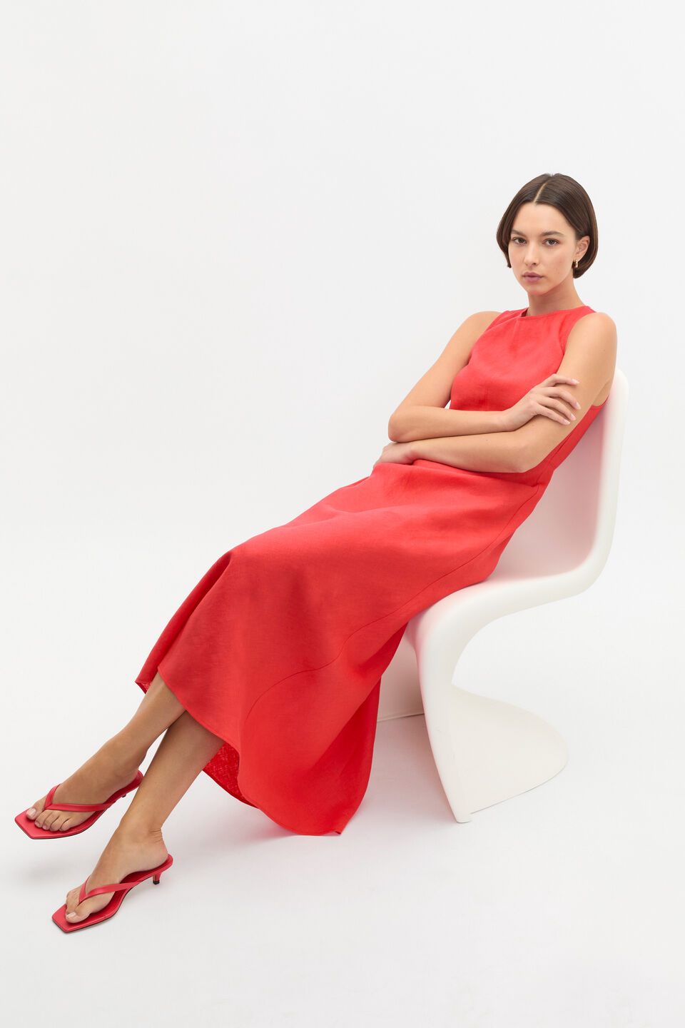 Linen Sleeveless Midi Dress  Electric Crimson