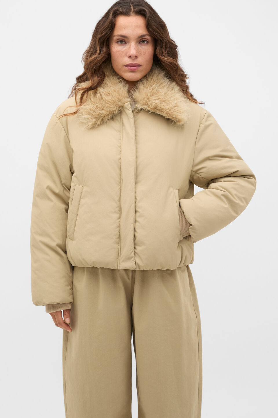 Faux Fur Collar Jacket  Caramel Clay