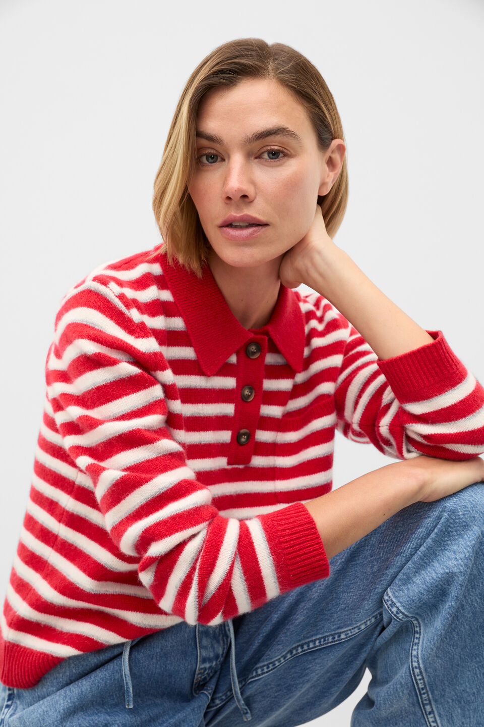 Brushed Merino Stripe Polo Knit  Poppy Stripe