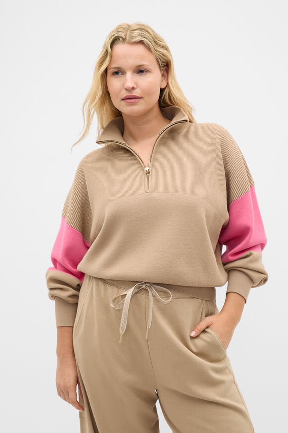 MD Contrast Zip Through Knit  Sandstone  hi-res