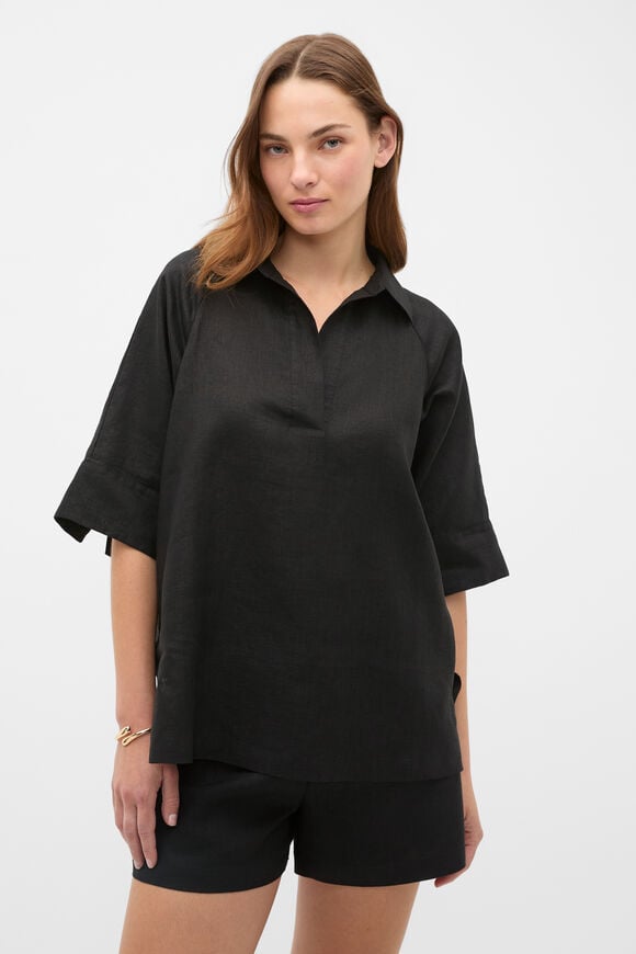 Core Linen Half Placket Popover  Black  hi-res